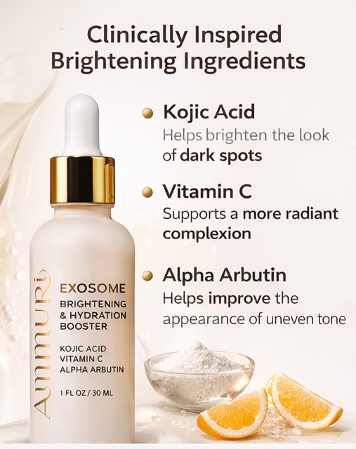 Ammuri Exosome Booster Serum – Brightening & Hydration Booster with Kojic Acid, Vitamin C & Alpha Arbutin | Fades Dark Spots, Evens Skin Tone & Boosts Radiance | For Face & Body – 30ml